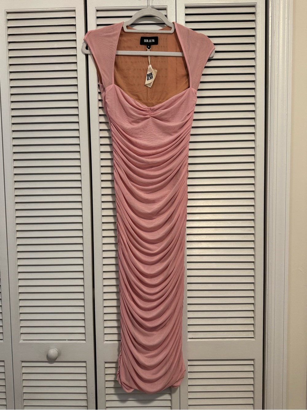 🆕 SEROYA Kylie Mesh Pink Ruched Midi Dress - L - Picture 5 of 13